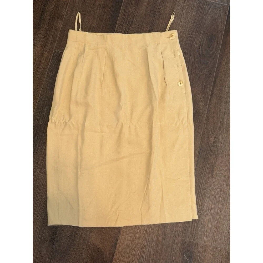 VTG Dana Buchman 100% Silk Midi Pencil Skirt Tan Yellow Mock Wrap Button Size 10